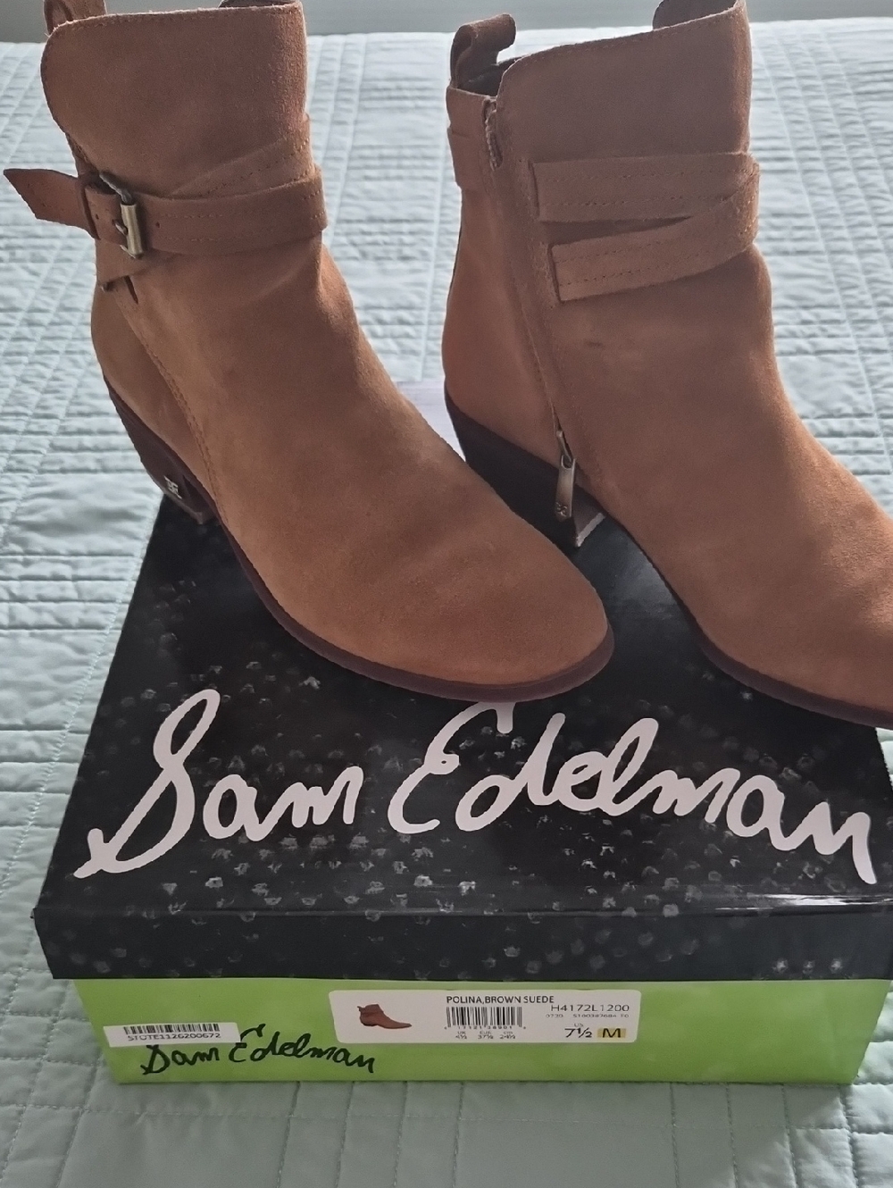 Sam Edelman tan suede ankle booties with wrap strap